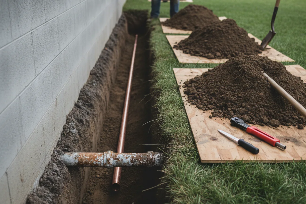 Excavated water line trench during Water Heater Repair in Salina